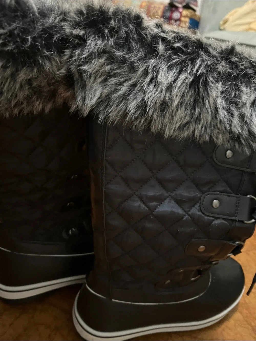 Women's Black Winter Fur-Trim Snow Boots Aleader NEW size US8.0